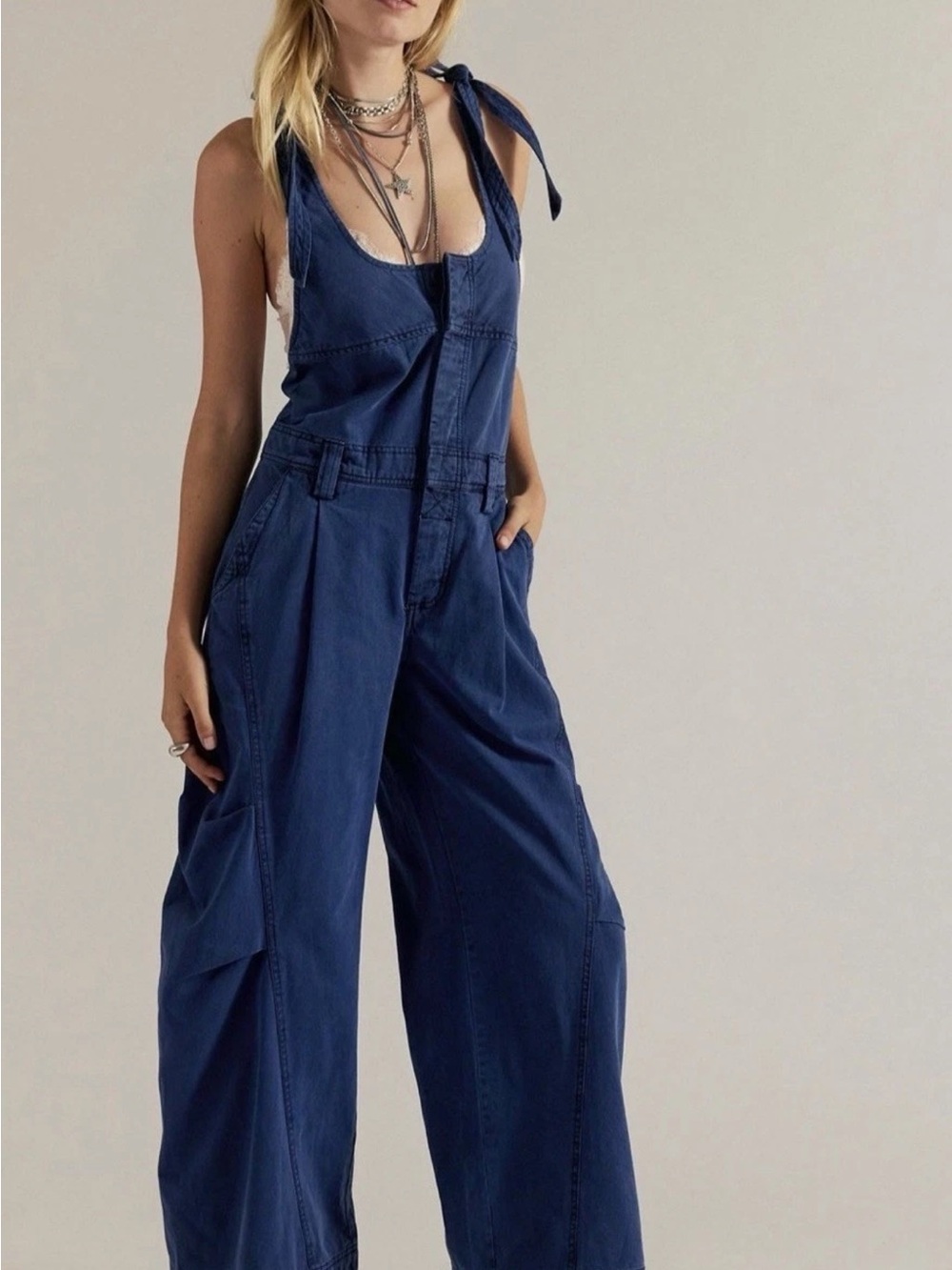 Free People Must Have Deep Seas Tie-Shoulder Wide-Leg Overalls NWT